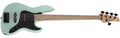 Sea foam green 5-string electric bass guitar with black pickguard and natural maple neck and headstock.