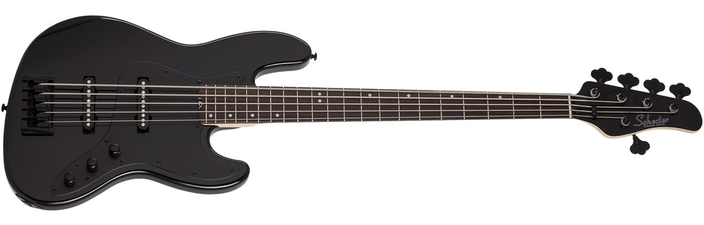 Gloss black 5-string electric bass guitar with black pickguard and silver hardware, showing full front view.