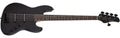 Gloss black 5-string electric bass guitar with black pickguard and silver hardware, showing full front view.