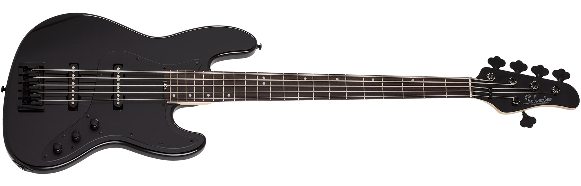 Gloss black 5-string electric bass guitar with black pickguard and silver hardware, showing full front view.