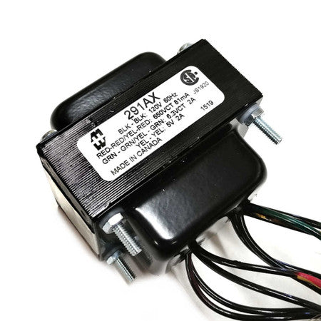 Black power transformer with multiple colored wires and label showing model 291AX and electrical specifications.