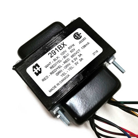 Black electrical transformer with multiple colored wires and a white label showing specifications.