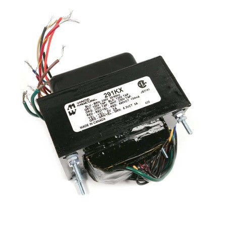 Black rectangular transformer with multiple colored wires and a white label showing specifications.