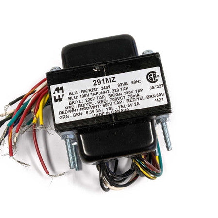 Power transformer with multiple colored wires and label showing electrical specifications and model number 291MZ.