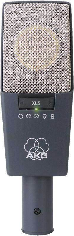 Front view of a black and silver AKG microphone with grill and control buttons on the body.