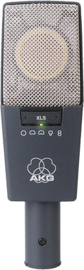 Front view of a black and silver AKG microphone with grill and control buttons on the body.