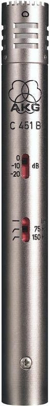 Silver cylindrical microphone with AKG branding and model C 451 B markings, showing two red switches.