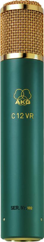 Green and gold microphone with AKG logo and C12 VR text on its body.