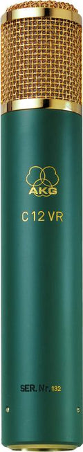 Green and gold microphone with AKG logo and C12 VR text on its body.