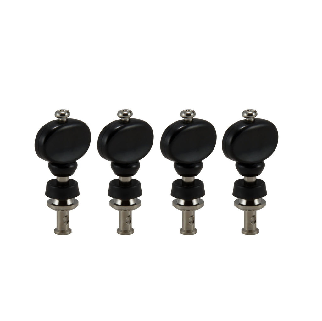 Four black and silver tuning pegs for stringed instrument shown against a white background.