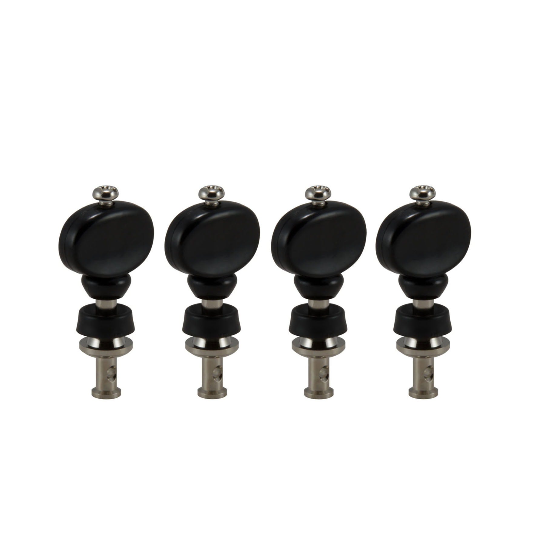 Four black and silver tuning pegs for stringed instrument shown against a white background.