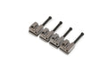 Set of four gunmetal colored metal saddles with screws on a white background.