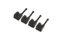 Four black metal bass saddles with adjustment screws displayed on white background.