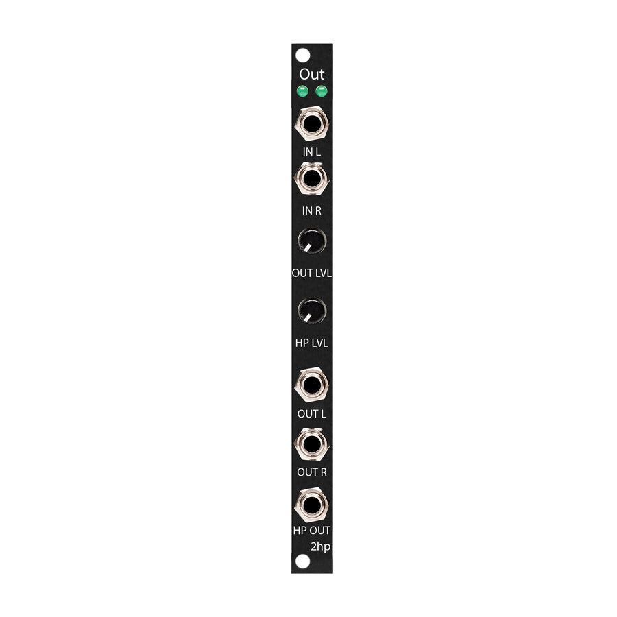 Black eurorack module with audio input and output jacks, two level control knobs, and green LEDs.