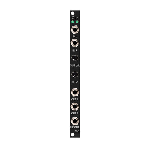 Black eurorack module with audio input and output jacks, two level control knobs, and green LEDs.