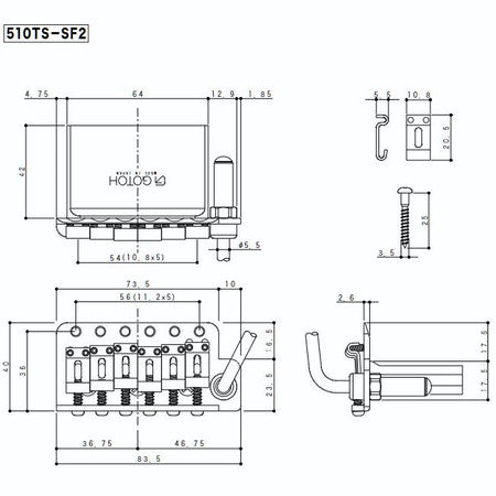 Technical diagram of Gotoh 510TS-SF2 guitar bridge with measurements and parts details.