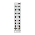 Silver modular synthesizer panel with eight black knobs and eight 1/8 inch jacks labeled 0 to 3.