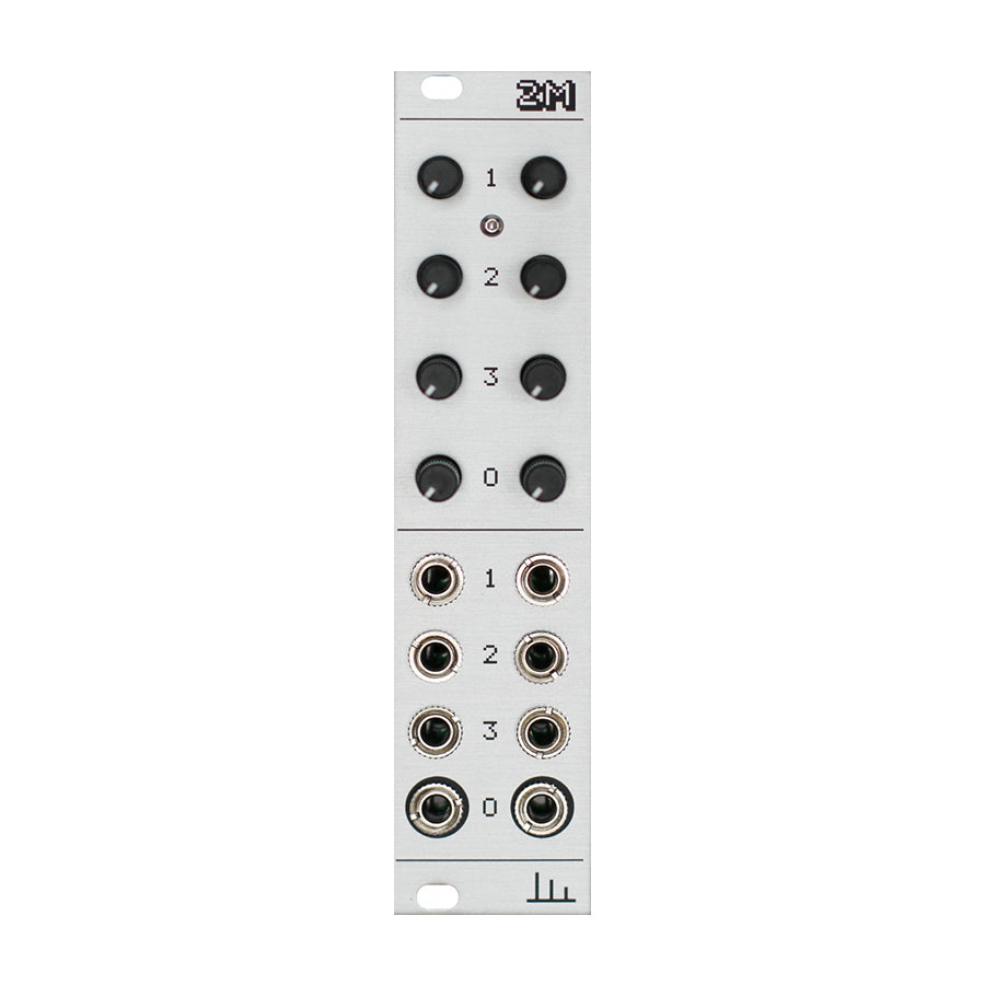 Silver modular synthesizer panel with eight black knobs and eight 1/8 inch jacks labeled 0 to 3.