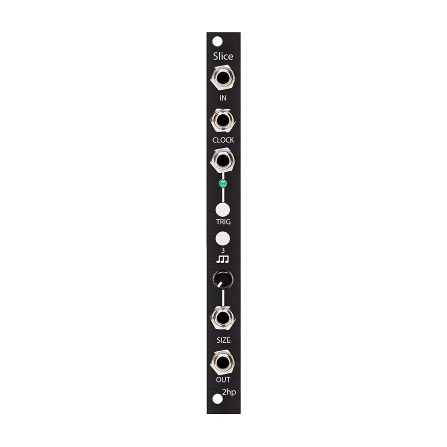 Black 2hp eurorack module named Slice with five 3.5mm jacks, two buttons, and one rotary knob.