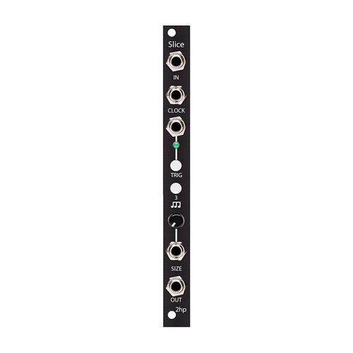 Black 2hp eurorack module named Slice with five 3.5mm jacks, two buttons, and one rotary knob.