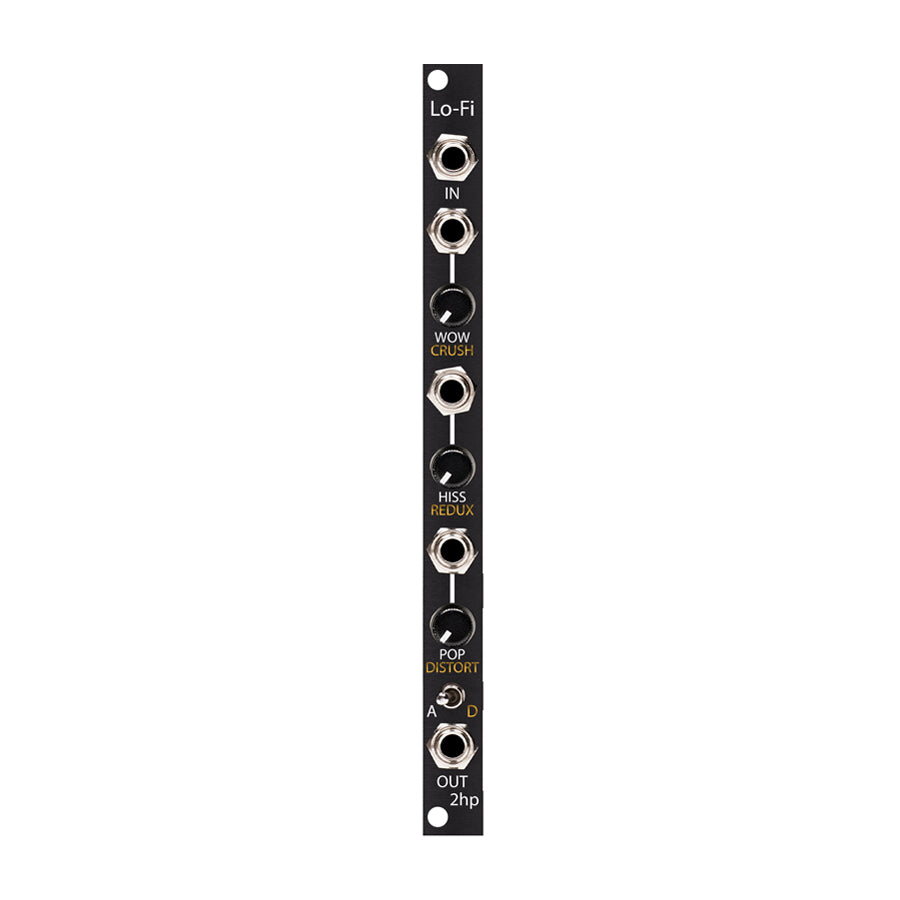 Black 2hp eurorack module with three knobs, toggle switch, and five audio jacks labeled Lo-Fi