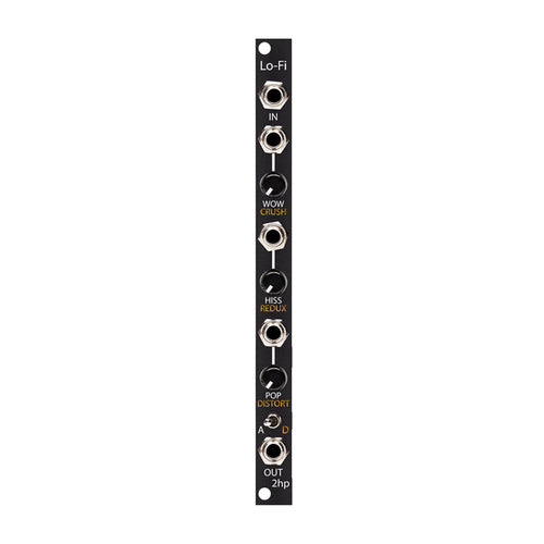 Black 2hp eurorack module with three knobs, toggle switch, and five audio jacks labeled Lo-Fi