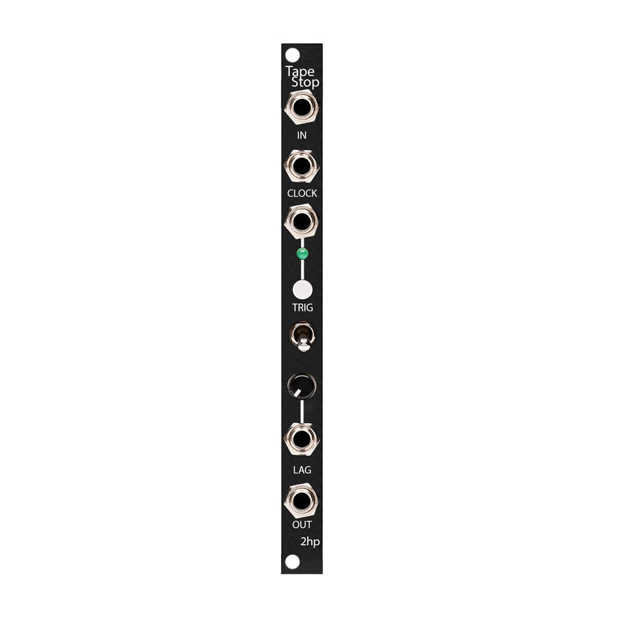 A slim black eurorack module panel with jacks labeled IN, CLOCK, OUT, a toggle switch, knob, and LED indicator.