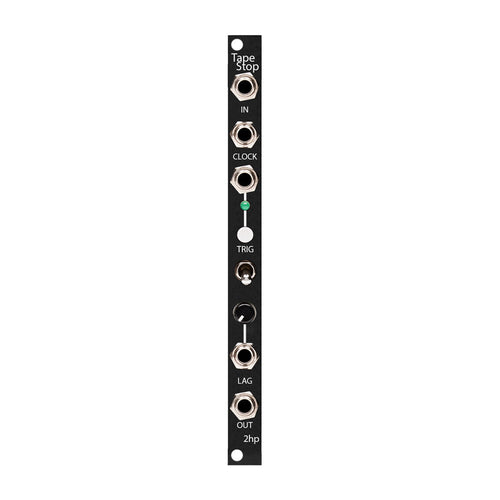 A slim black eurorack module panel with jacks labeled IN, CLOCK, OUT, a toggle switch, knob, and LED indicator.