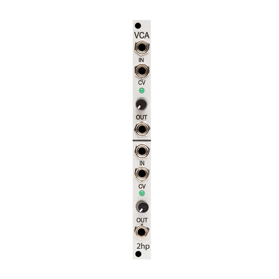 Silver eurorack synthesizer module with two sets of input, CV, output jacks and knobs.