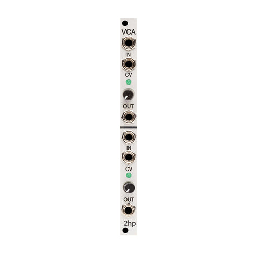 Silver eurorack synthesizer module with two sets of input, CV, output jacks and knobs.
