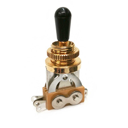 Gold and silver toggle switch with black tip and screw terminals on a white background.