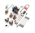 A solderless wiring kit includes potentiometers, switch, wires with connectors, screws, and a battery snap connector.