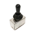 Metal toggle switch with a black tip and mounting nut on a white background.