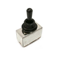 Black toggle switch with a rectangular metal base and three solder lug connectors.