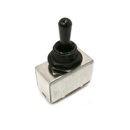 Black toggle switch with a rectangular metal base and three solder lug connectors.