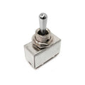 Metal toggle switch with threaded mounting collar and chrome finish on a white background.