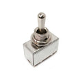 Silver-colored toggle switch with hex nut and threaded collar on metal rectangular base.