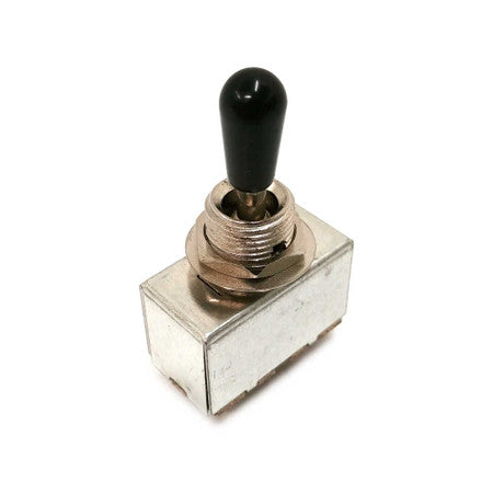 Metal toggle switch with black plastic tip and threaded mounting collar on a nickel-colored housing.