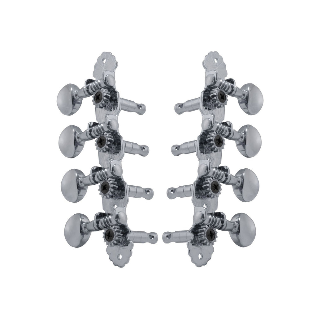 Set of chrome 4+4 mandolin style machine heads with tuning pegs and decorative plates.