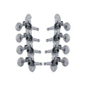 Set of chrome 4+4 mandolin style machine heads with tuning pegs and decorative plates.