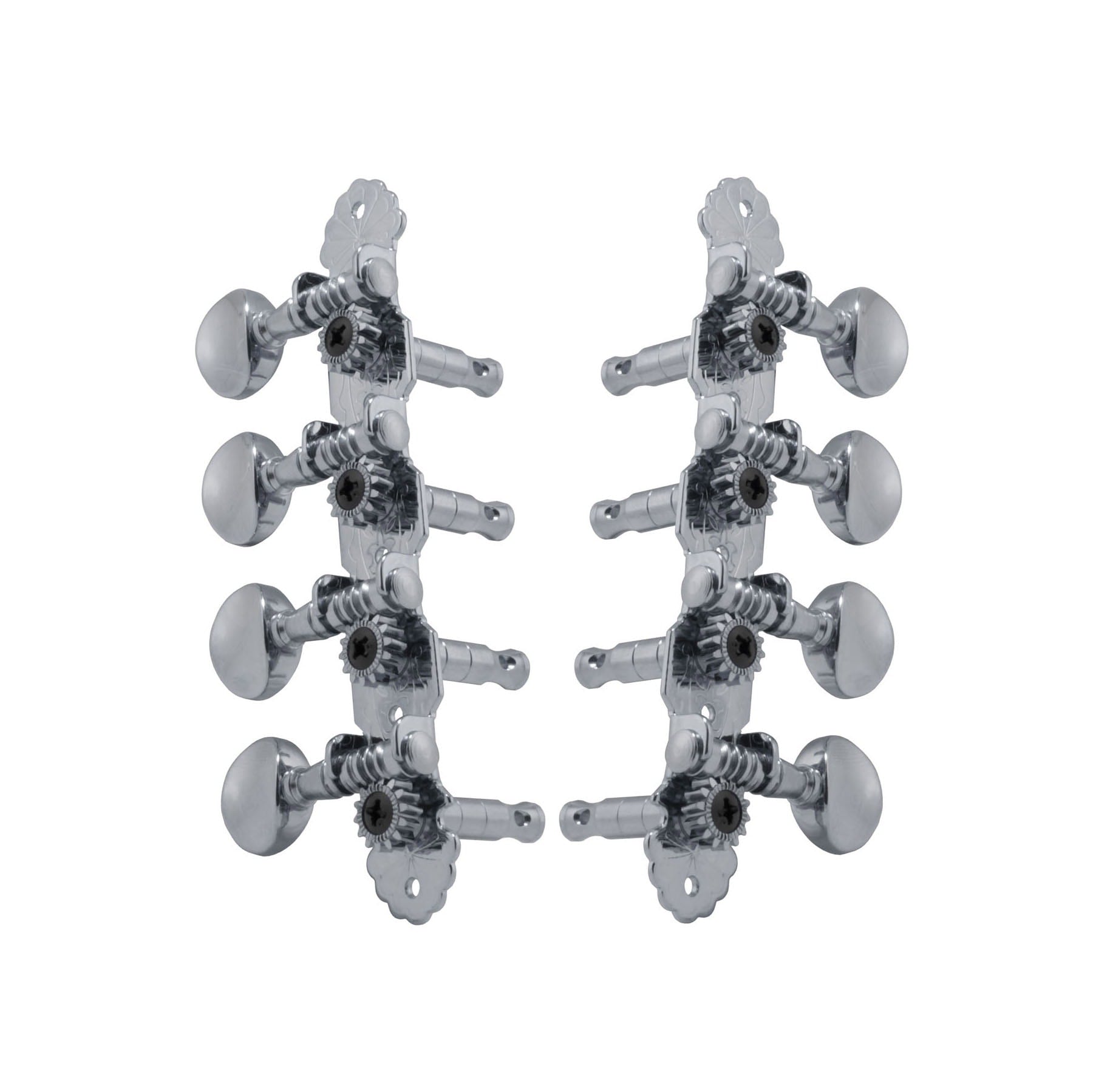 Set of chrome 4+4 mandolin style machine heads with tuning pegs and decorative plates.