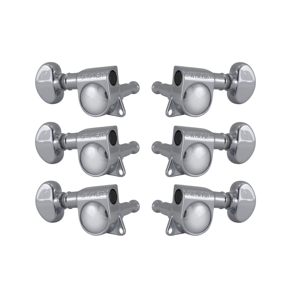 Set of six chrome guitar machine heads with kidney shaped tuning pegs in a 3+3 arrangement.