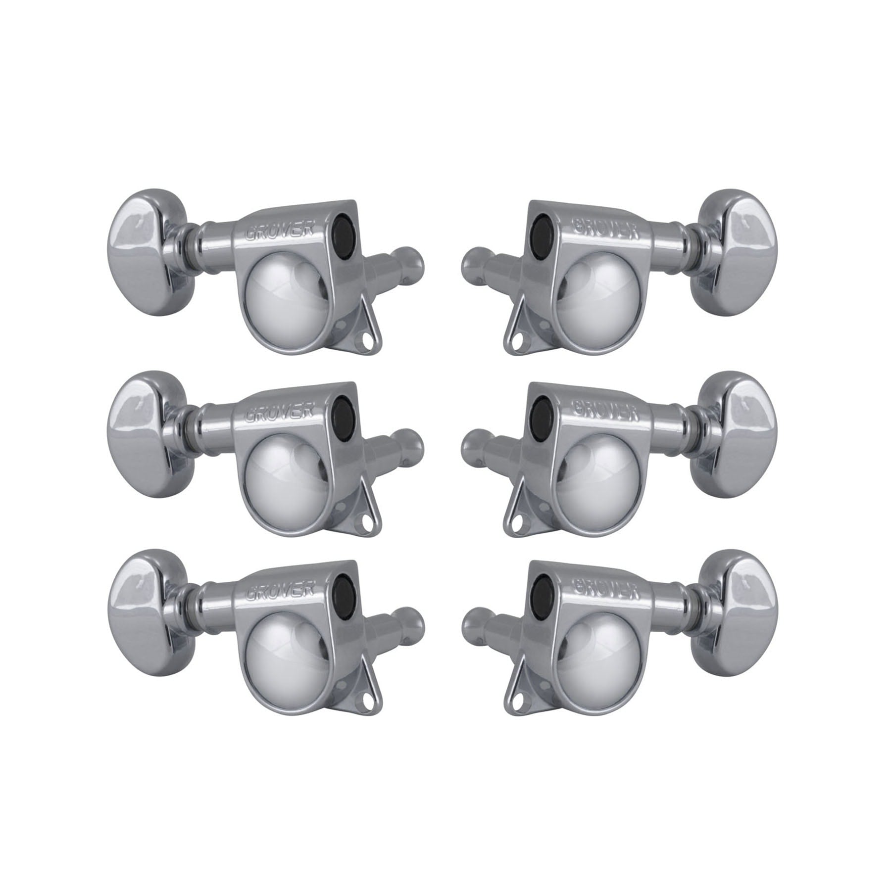 Set of six chrome guitar machine heads with kidney shaped tuning pegs in a 3+3 arrangement.