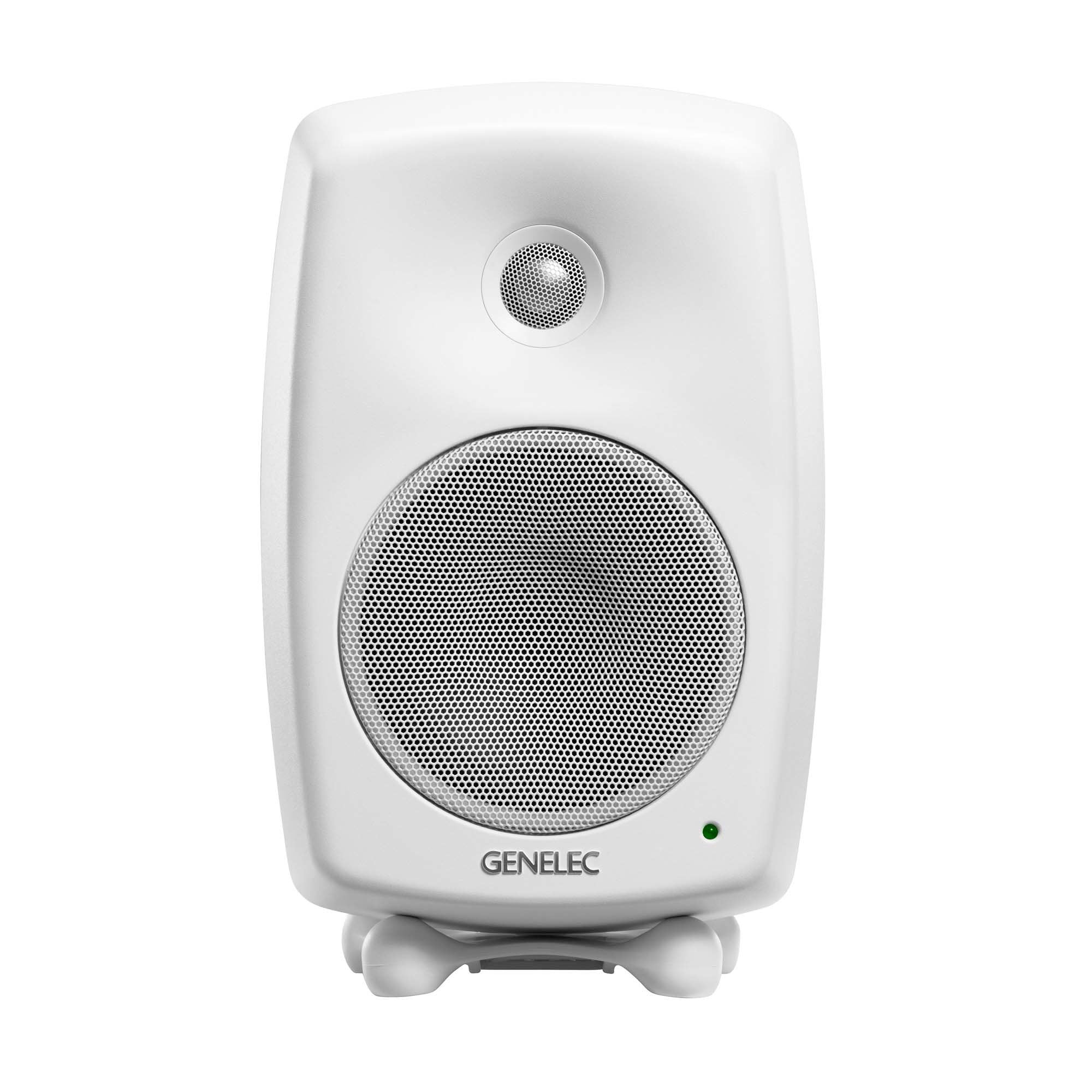 Front view of a white Genelec studio monitor speaker with metal speaker grilles and green indicator light.