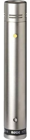 Silver cylindrical microphone with black base and yellow dot on body, labeled RODE NT5.