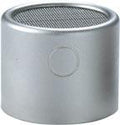Small cylindrical silver microphone capsule with mesh top and smooth body