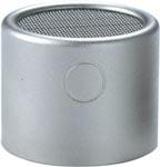 Small cylindrical silver microphone capsule with mesh top and smooth body