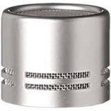 Silver metal cylindrical microphone capsule with perforated grille sections.