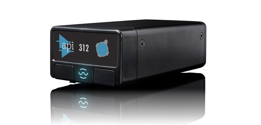 Black rectangular audio device with blue logo, 'api 312' text, and one blue rotary knob on the front panel.