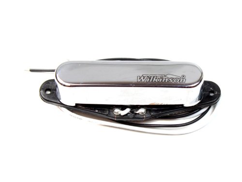 Chrome guitar pickup with black base plate and wires, branded Wilkinson.